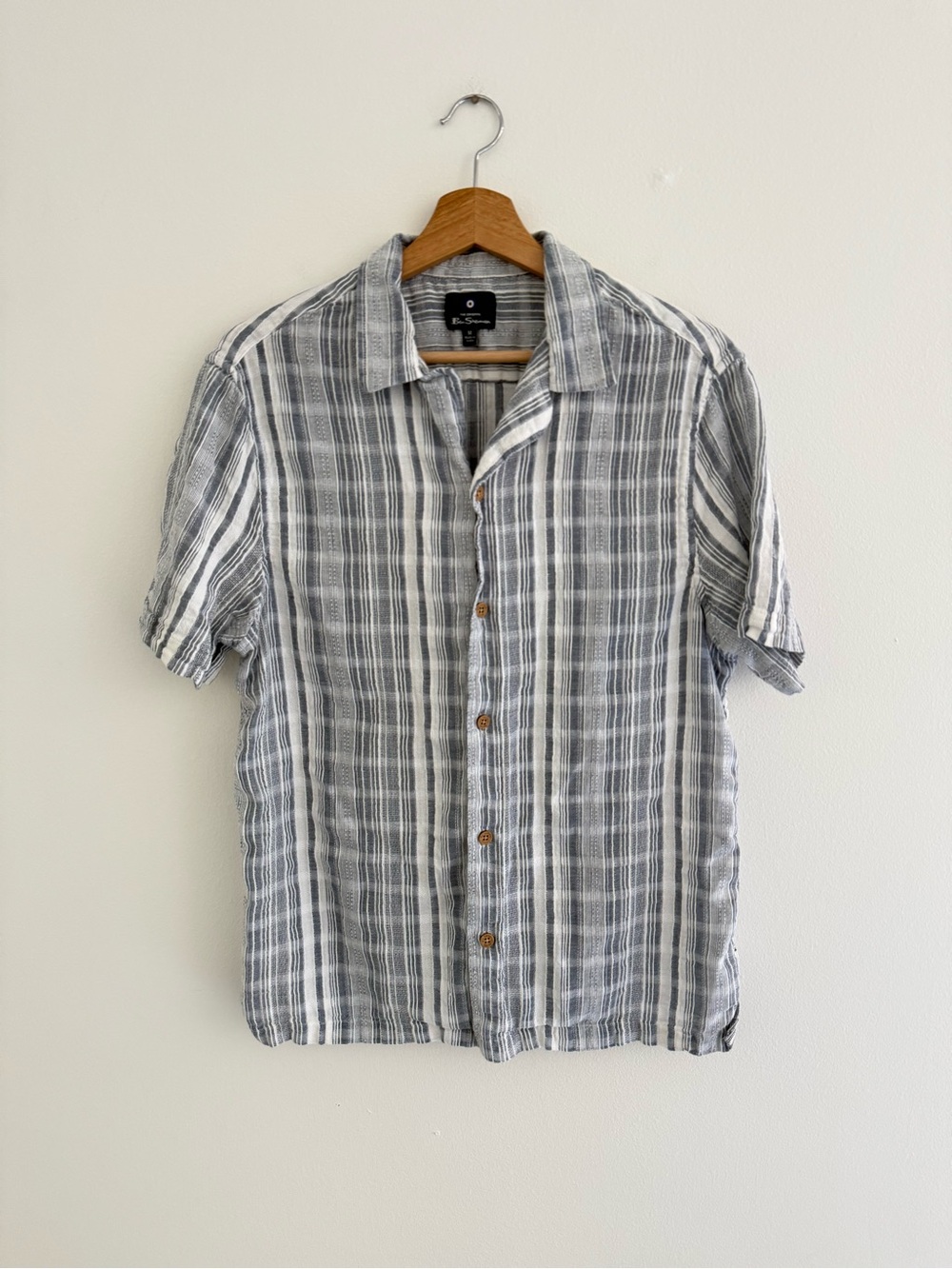Ben Sherman Blue Gray 100% Cotton Knit Short Sleeve Button Down Medium - Picture 2 of 7